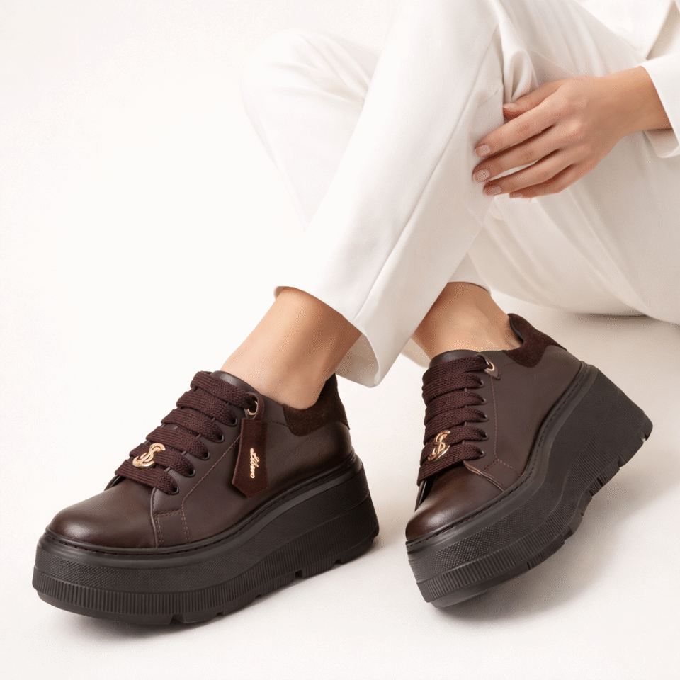 Brązowe sneakersy skórzane na platformie Libero 5050-515-516